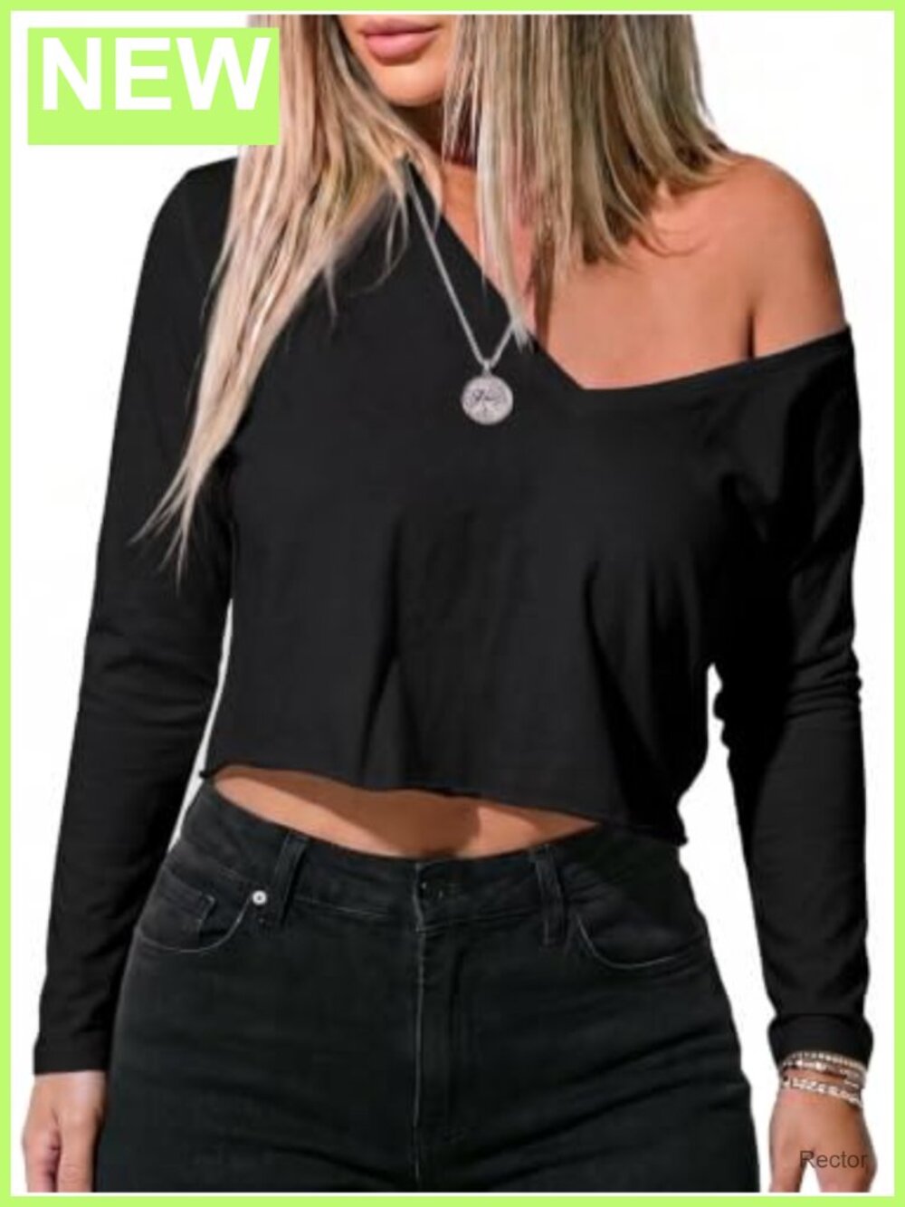 Women's Off Shoulder Long Sleeve V Neck Crop Top Loose T-Shirt Casual